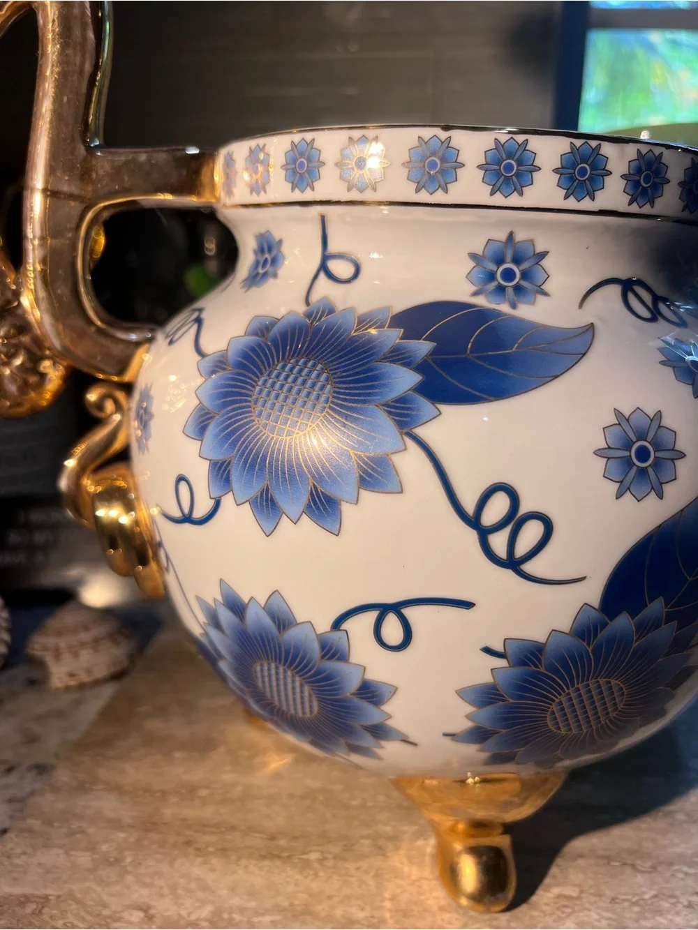 Blue Floral Porcelain Urn with Gold Dragon Handles